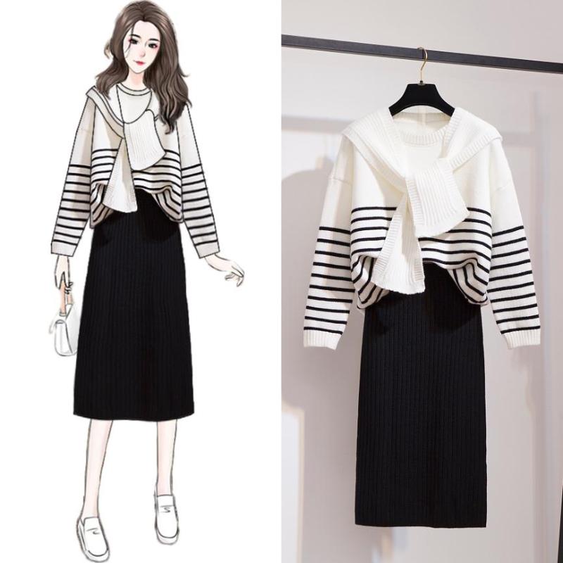 

women knitwear two-piece striped pullovers coat shawl sweater long skirt knit suits lady big size good quality autumn winter set, Black skirt