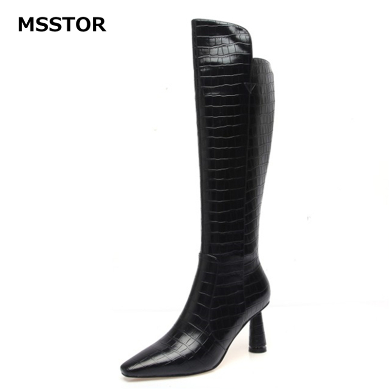 

Pointed Toe Knee High Boots Women Black Sexy Concise Zipper Thick Heels Rubber Women Boots High Heels Cow Leather Winter Shoes, Beige