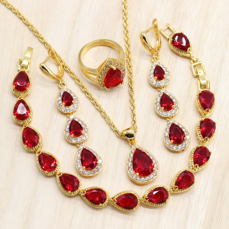 

Gold Color Jewelry Sets Red Stones Water Drop Bracelet Long Earrings Pendant Chain Necklace Wedding Ring for Women, As pic