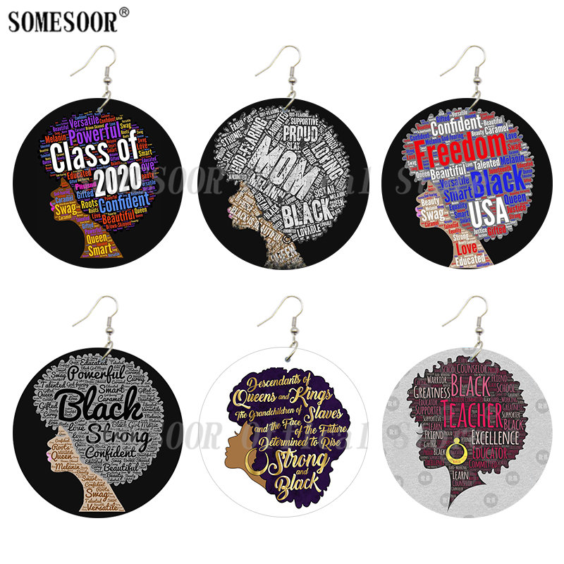 

SOMESOOR Proud Strong Black Wooden Drop Earrings Both Sides Printed Freedom Sayings Class Of 2020 Designs Jewelry For Women Gift
