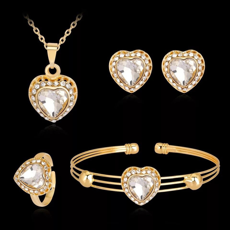 

Colorful Heart Cubic Zirconia Wedding Jewelry Sets Luxury Crystal Bridal Necklace Earrings Bracelet Ring Gold Color Jewelry Set, As pic
