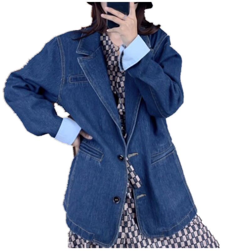 

new arrival spring autumn fashion denim blazer women long sleeve loose notched suit jacket, Dark blue