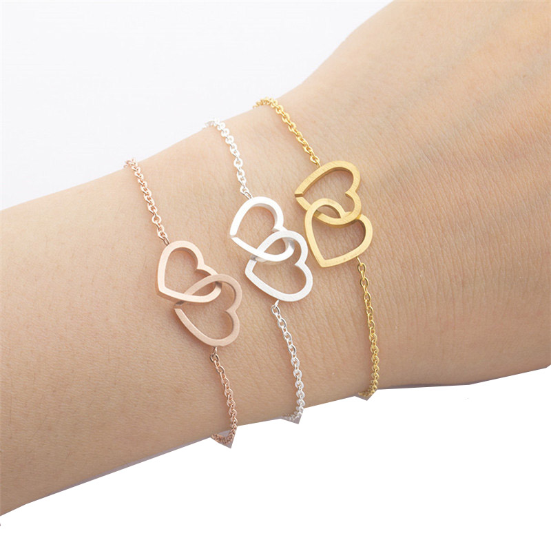 

Double Heart-shaped Trendy Bracelet Stainless Steel Three Color Charm Bracelet Women Wedding Party Jewelry Lover's friends' Gift