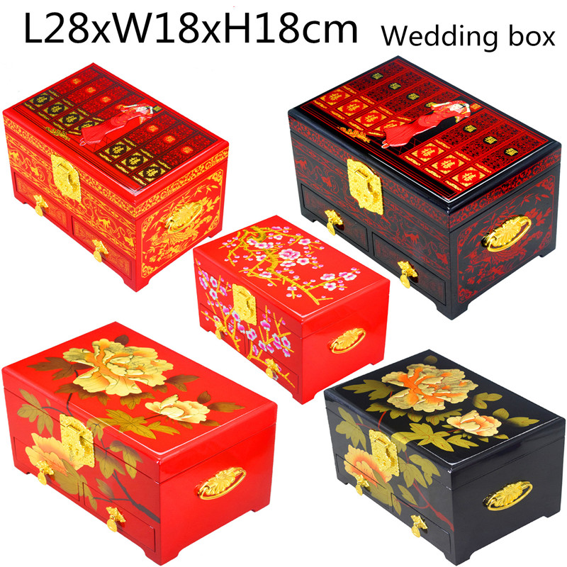 3 Layer Large Decorative Wooden Box with Lock Home Decor Storage Box Lacquerware Chinese Wedding Gift Sliding drawer Jewelry Box Packaging-image-587009763