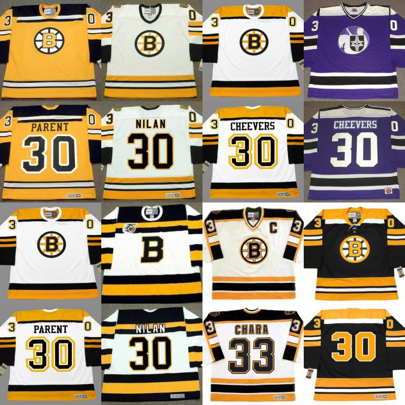 

Boston Bruins 30 BERNIE PARENT CHRIS NILAN GERRY CHEEVERS JIM CRAIG TIM THOMAS 33 ZDENO CHARA Custom Hockey Jerseys S-5XL, 33 zdeno chara 2006