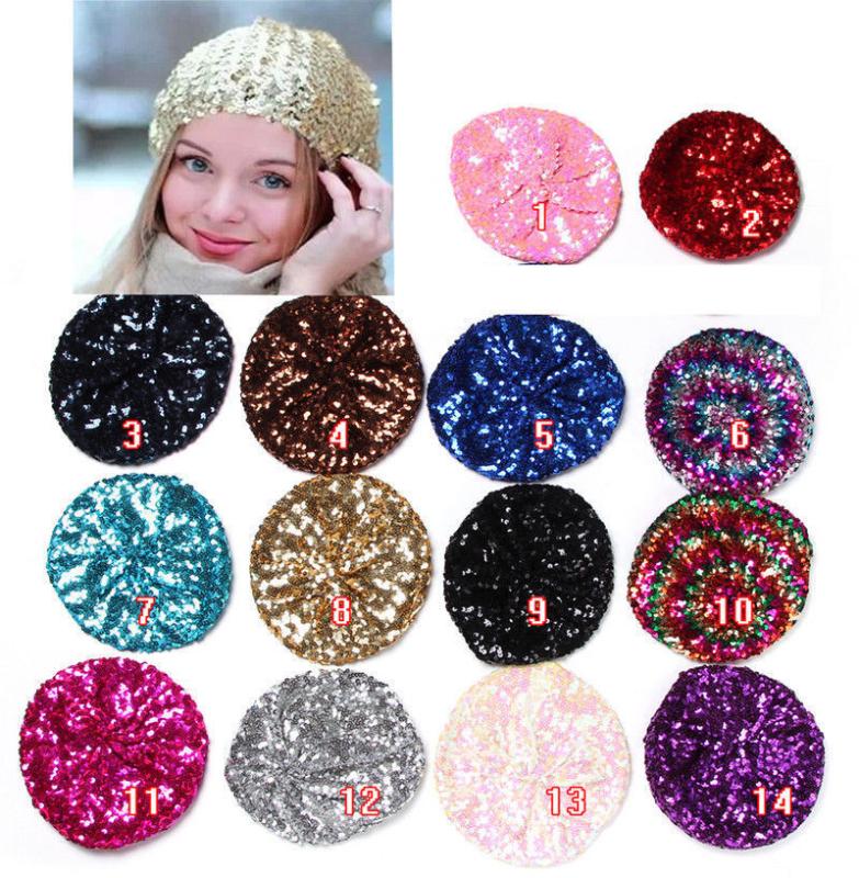 

Women Lady Stretch Crochet Shining Sequin Beret Hat Party Beanie Cap Club Dance