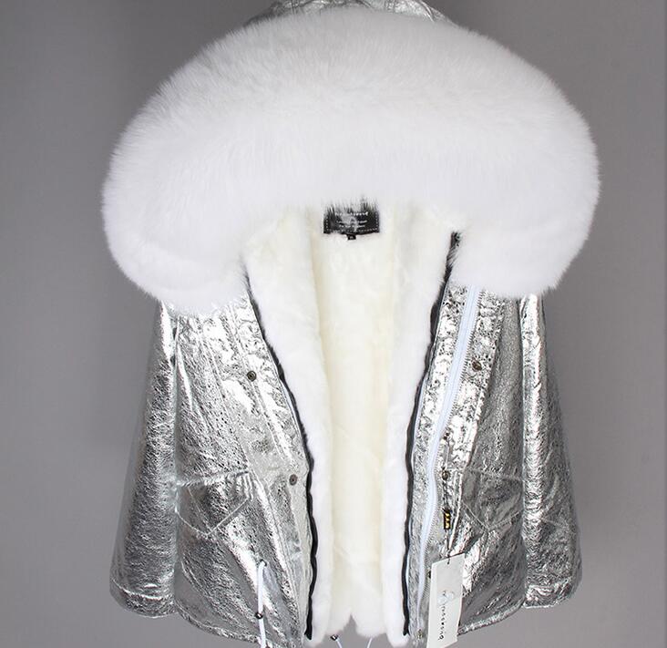 

Low price lavish white fox fur trim Maomaokong brand white rabbit fur lining mini silver women parka snow female jacket, Choose the model