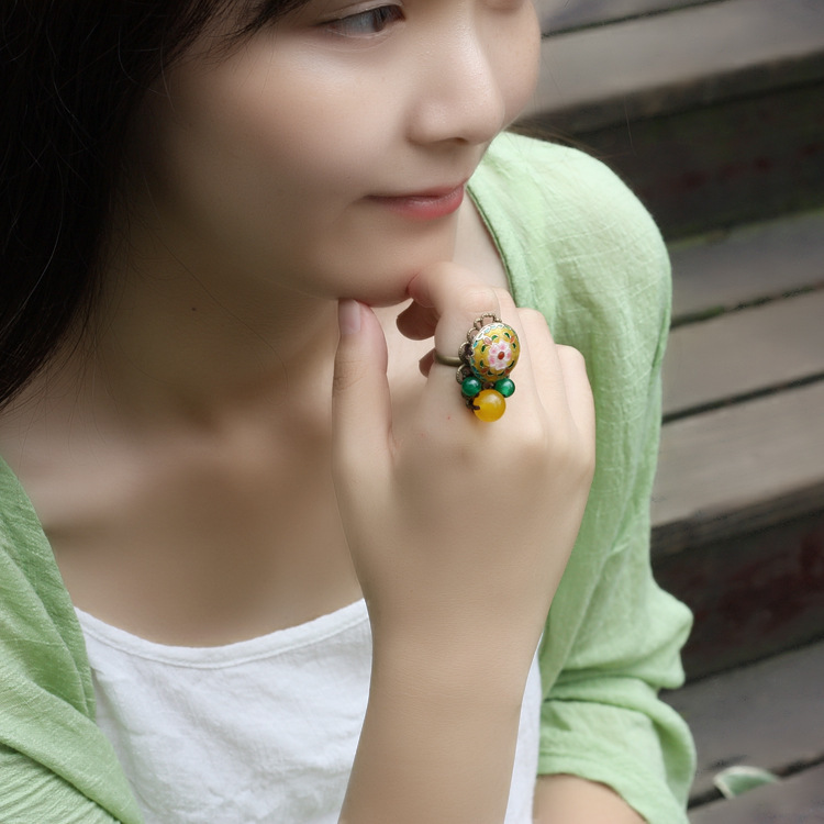 

new Chinese agagte jewelry crystal ring,fashion vintage ring,enamel Cloisonne finger ring, colorful painted ethnic ring