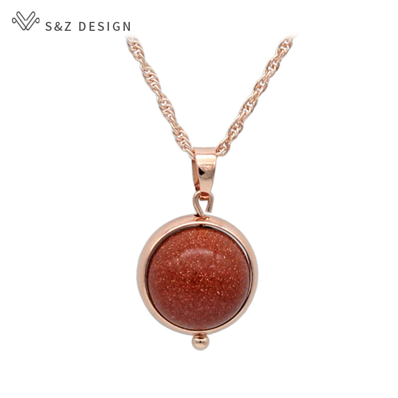 

S&Z Natural Golden Sand Stone Pendant Necklace 585 Rose Gold South Korea For Women Fine Fashion Temperament Wedding Party Gift