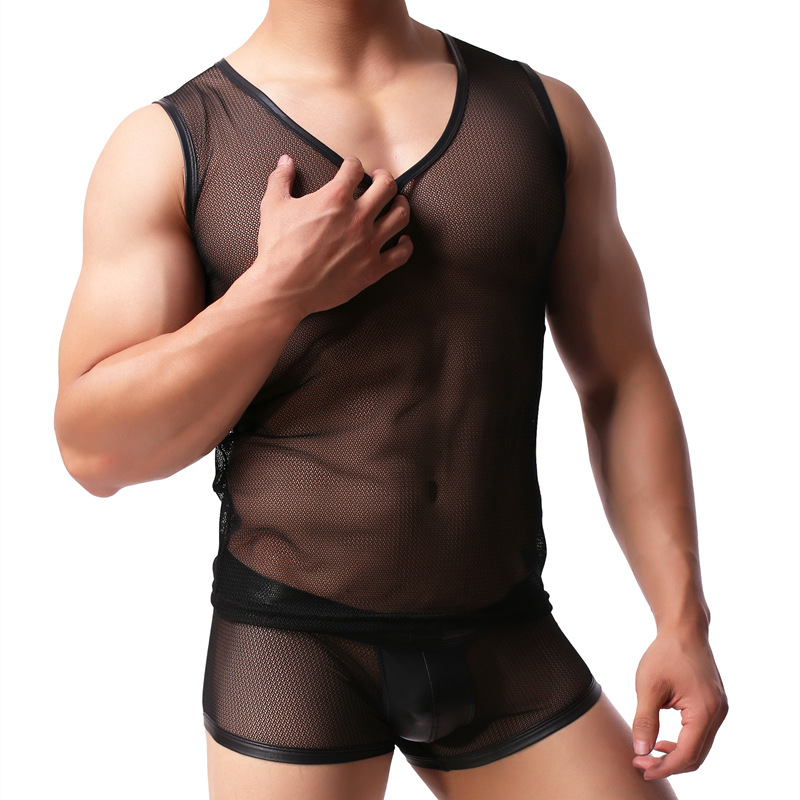 

Sexy Fashion Mesh Tank Tops For Men Clothes Vest Transparent Bodybuilding Male Gay Black Sleeveless Net Top Clothing, Shorts