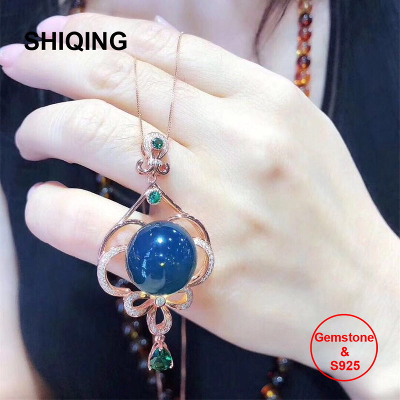 

SHIQING 5A Nature blue amber 925 sterling silver charming long necklace