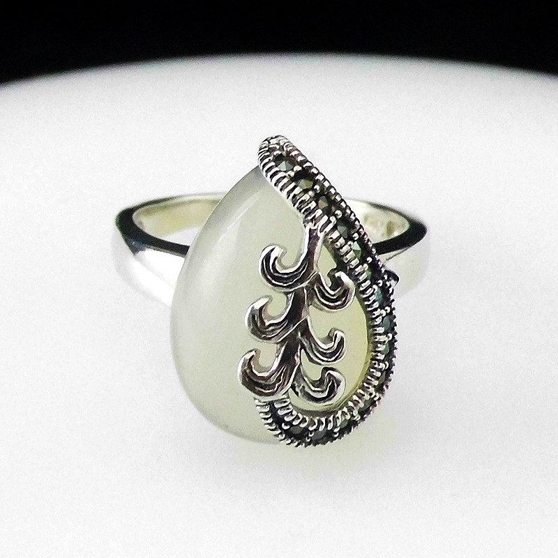 

FNJ White Agate Rings 925 Silver Original S925 Thai Silver Ring for Women Jewelry MARCASITE Vintage Flower