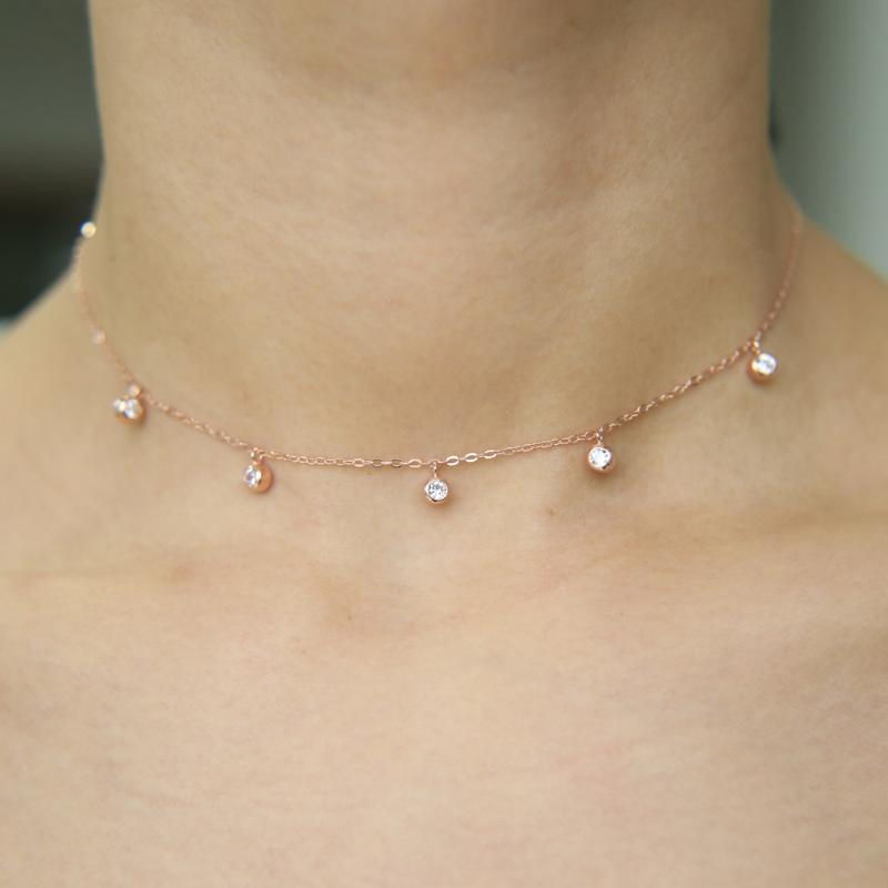 

100% 925 sterling silver 3 colors mini round cz drop simple minimal delicate jewelry choker necklace