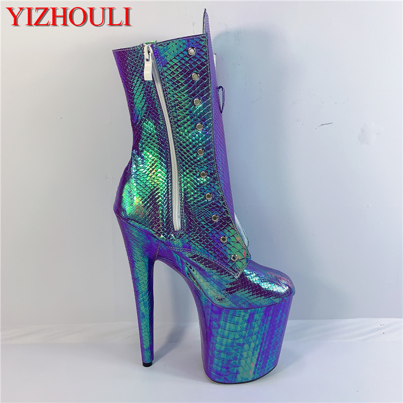 

20cm stiletto heels, 8in pole dancing boots, snake-print, color-changing vamp, sexy model party stage, high-heeled ankle boots