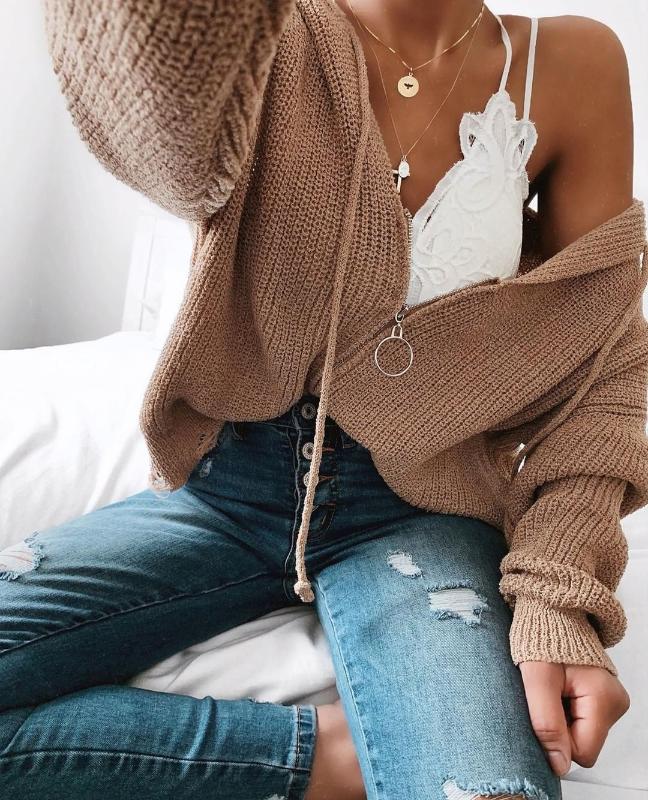 

Casual Zipper Warm Sweater with Hood Knit Cardigan Women Long Sleeve Solid Loose Autumn Winter Woman Sweater Knitting, Black