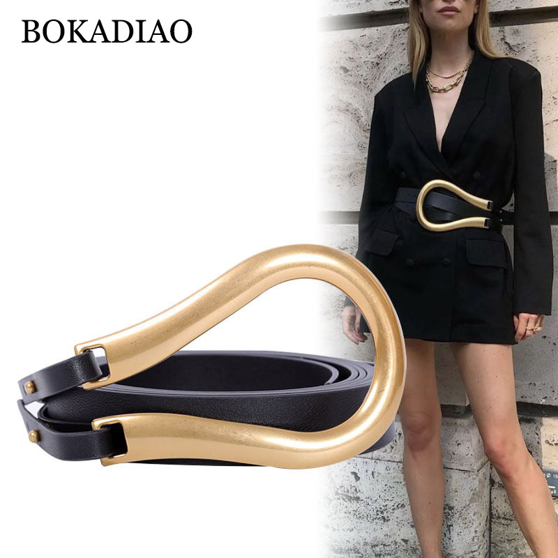 

BOKADIAO Woman's Leather belt fashion Dress wide belt Metal Horseshoe Buckle luxury Belts for Women casual wild Waistband female, White