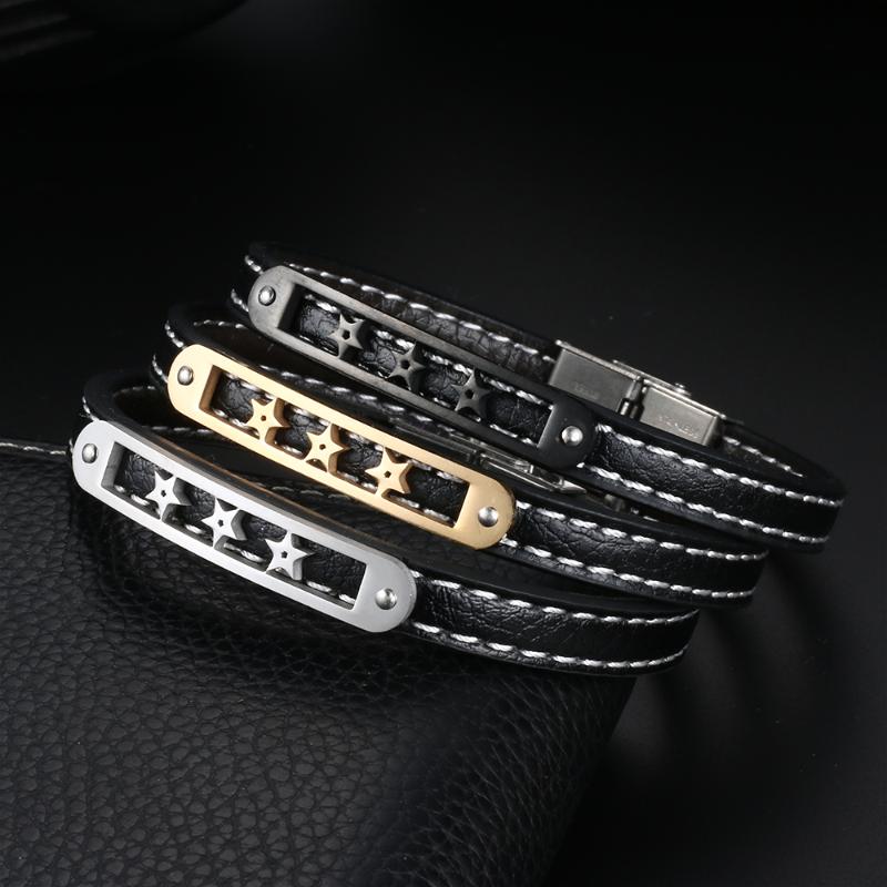 

liujun Punk Men Stainless Steel Bracelets & Bangles women Jewelry Star Charms Genuine Leather Bracelets Men Valentine's Day Gift