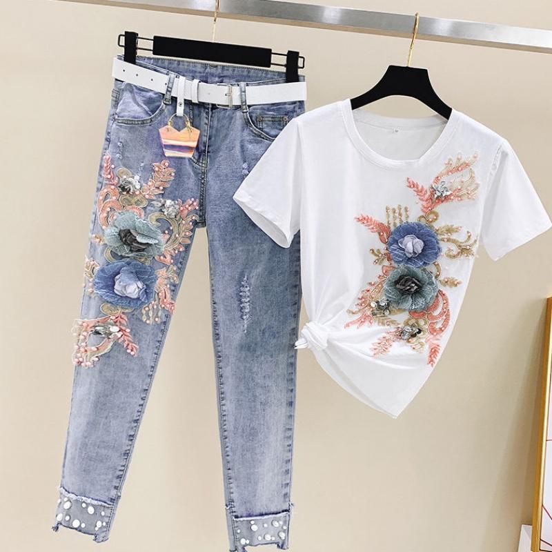 

Summer Beading Women Sets Heavy Work Embroidery 3D Flower Short Sleeve T Shirt And Jeans 2pcs Clothing Female Casual Suits Y79, White tshirts