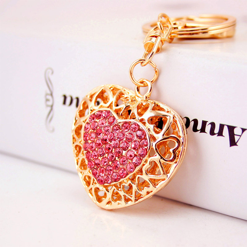 

Creative rhinestone couple peach heart car keychain ladies bag accessories love keychain metal pendant accessories gift
