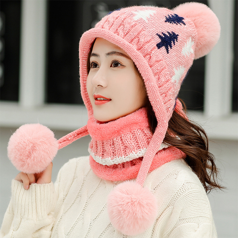 

Winter Hat Scarf 2 Pieces Set Pompom Print Cap Scarves Thickened Beanie Scarf Sets, Pink