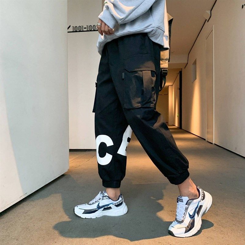 

2020 New Style Casual Pants Bib Overall Men's Loose Fashion Cargo Pants Male Sports Casual Student Capri-Pants Cross-pants, Black