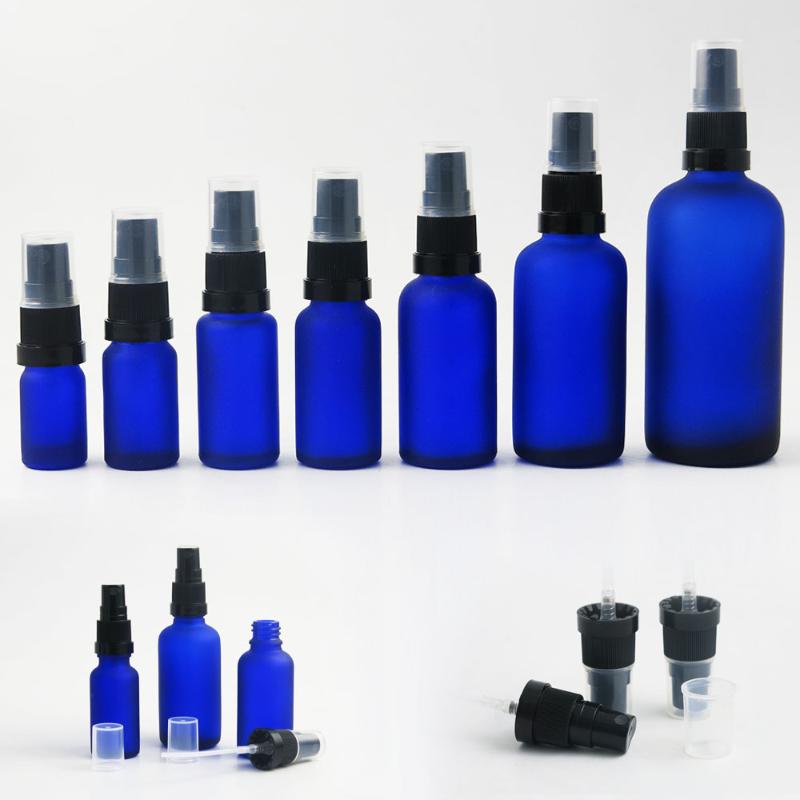 

5 10 15 20 30 50 100 ml blue frosted Boston Round glass spray perfume bottle with tamper evident sprayer 10pcs