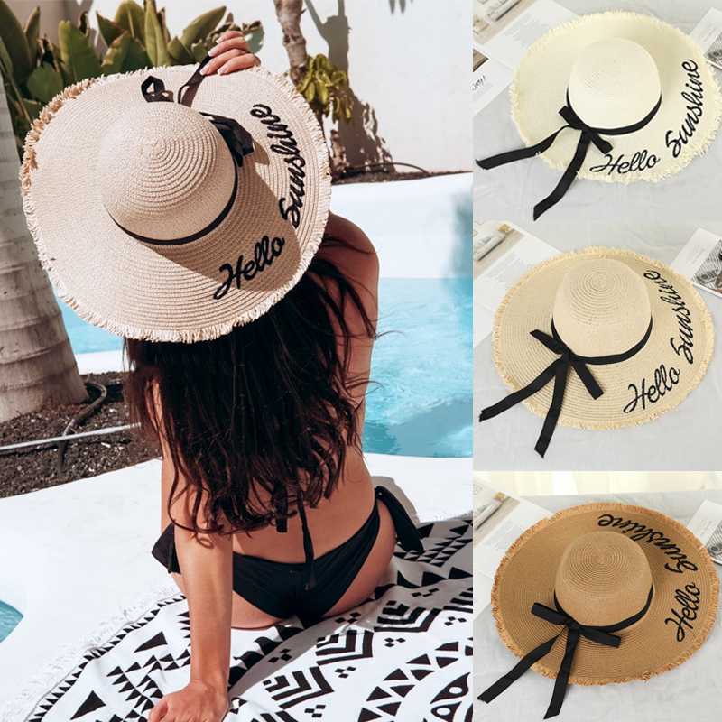 

New Fashion Women's Casual Letter Print Straw Hat Bowknot Wide Brim Beach Hat Ladies Sun Visor Foldable Roll Up Cap Summer, Khaki