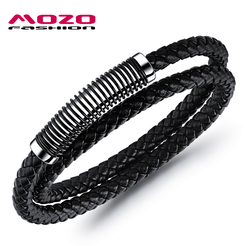

Fashion Men Charm Simple Spring Bracelets Black Leather Stainless Steel Magnet Buckle Bangle Jewelry PS1056