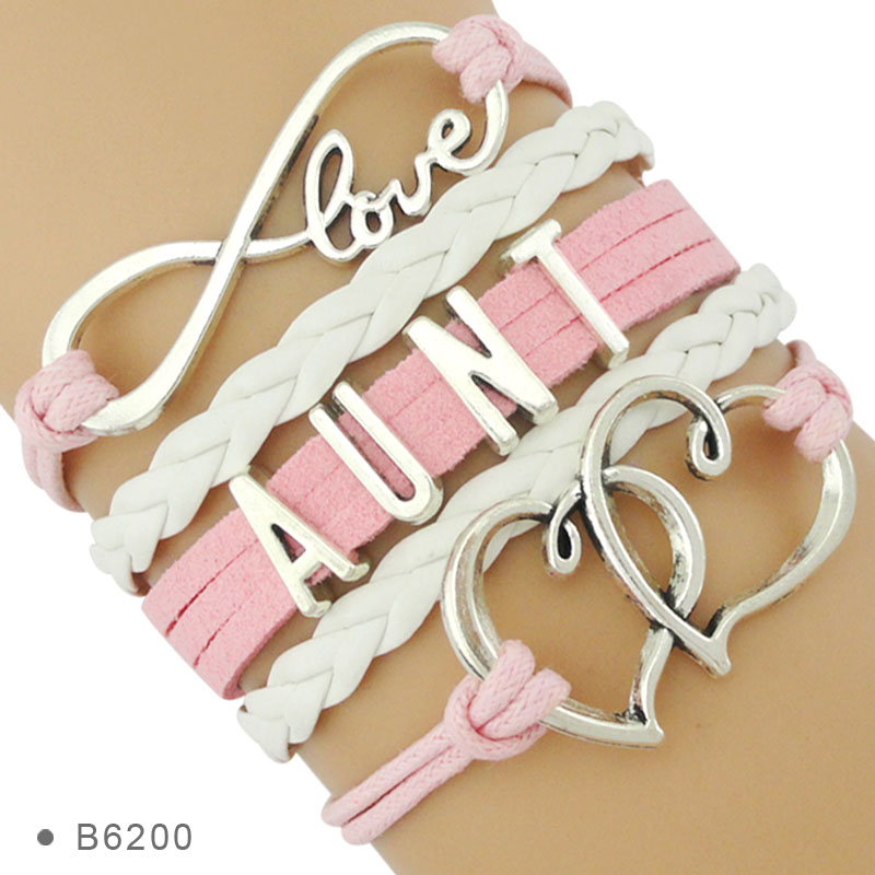 

Infinity Love Family Gifts for Aunt Auntie Niece Nephew Baby Foot Feet Double Heart Charm Leather Wrap Bracelets for Women