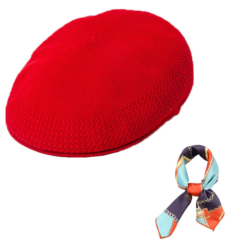 

DOUBCHOW Women's Summer Breathable Knitted Jacquard Visor Berets Beanie Hat with Square Scarf Maiden Baret Beanie Cap Flat Hat, Red