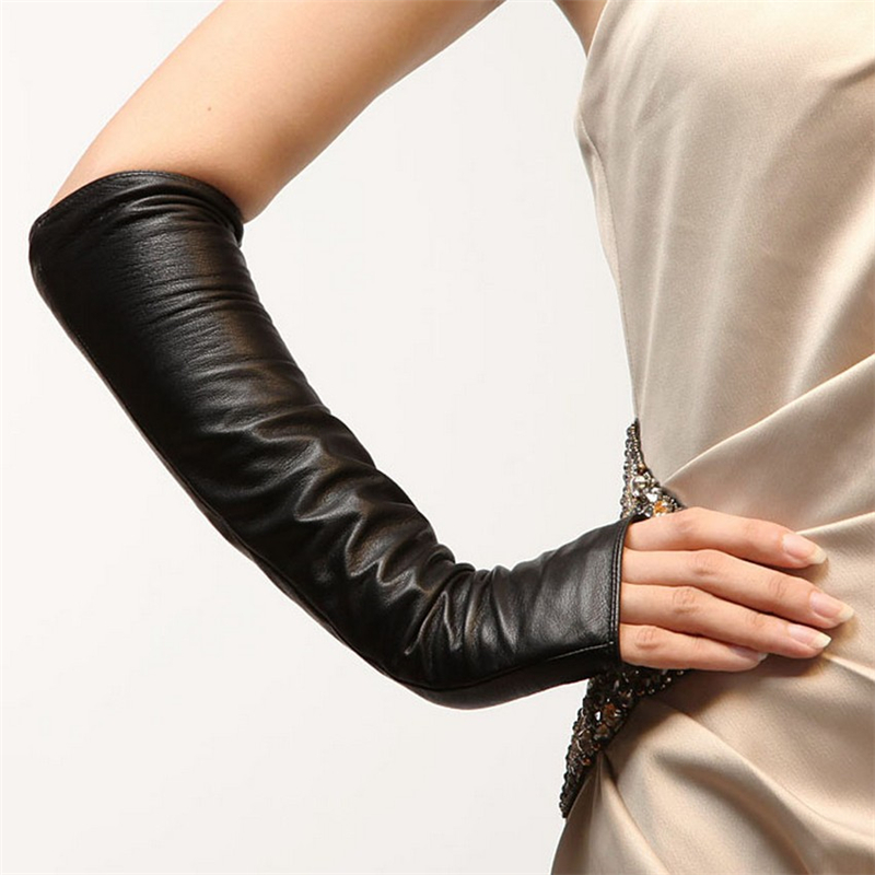 

Winter Fashion Women Black Sheepskin Fingerless Gloves Ladies Long Genuine Leather Warm Glove Elbow Solid Mittens Sale L070NN-5