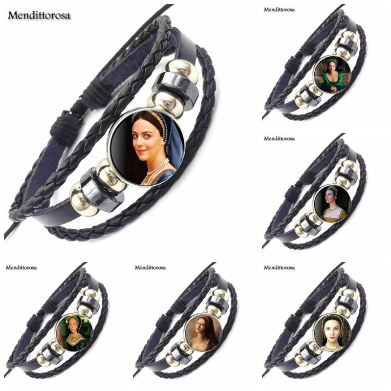 

EJ Glaze Anne Boleyn For Women Girls Harajuku Style Jewelry With Glass Cabochon Black Leather Bracelet Bangle