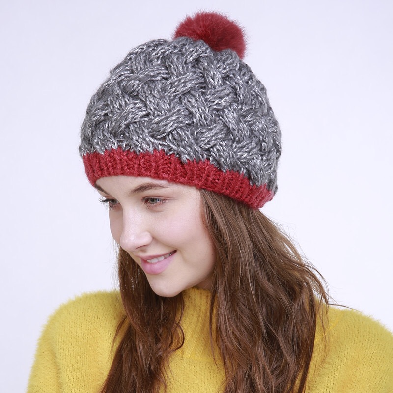 

Korean autumn and winter new handmade bamboo double color bright knitted warm hat hair ball wool fashion women hat, Red