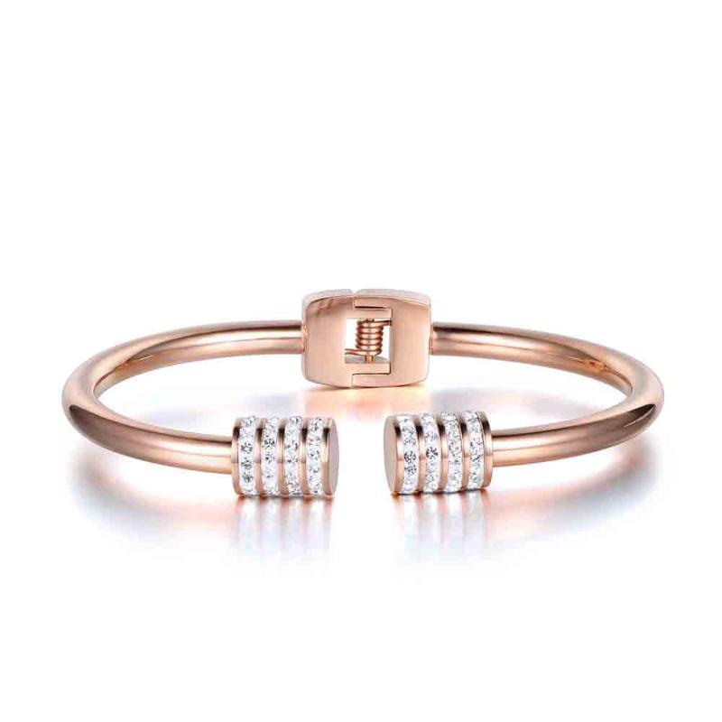 

JeeMango New Design Rhinestone Cuff Bangles & Bracelets Jewelry Rose Gold Color Stainless Steel Wedding Bangle For Women B17053