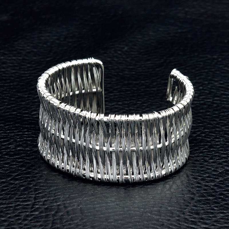 

YESFOLLOW Vintage Antique Hollow Out Braided Rattan Wide Open Alloy Bangle Cuff Bracelets for Women Silver Plated Ethnic Jewelry