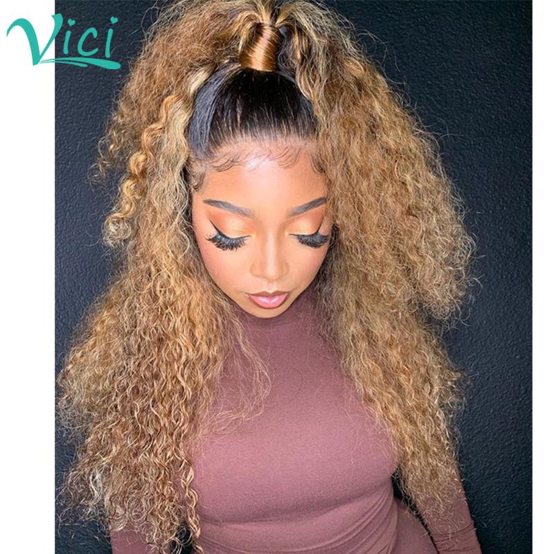 

1b/27 Ombre Human Hair Wig With Baby Hair Mongolian Afro Kinky Curly Wig For Women Colored Lace Front Human Wigs 180%, As pic