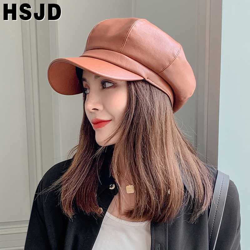 

Auutmn Winter Hats for Women Solid PU Leather Octagonal Newsboy Cap Ladies Vintage Hat Winter Beret Women Painter Artist Caps, Black