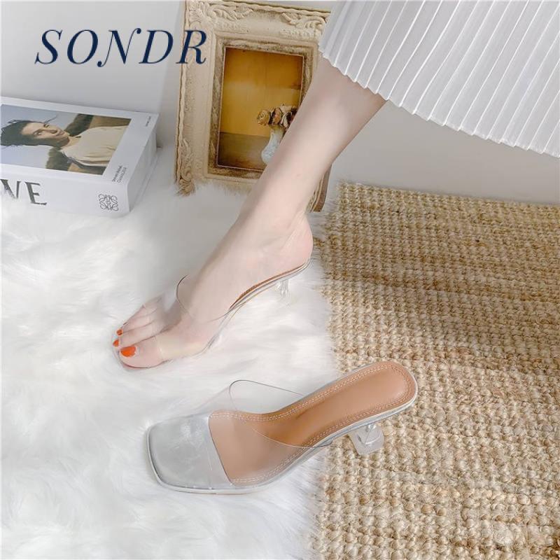 

Women Transparent Wedding Jelly Fashion Slippers 2020 High Heels PVC Breathable Sexy Fine Heel Square Head Shoes Slippers, As pic