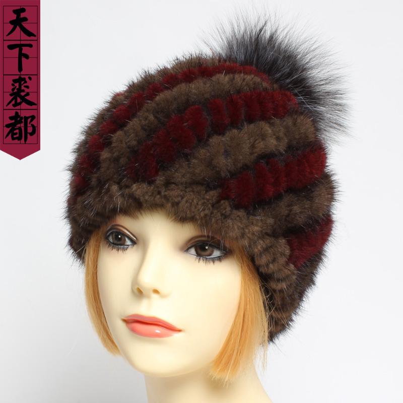 

2020 New Fashion Lovely Lady Real Hat Winter Soft Genuine 100% Natural Knitted Hats With Fur Pom Poms, Black