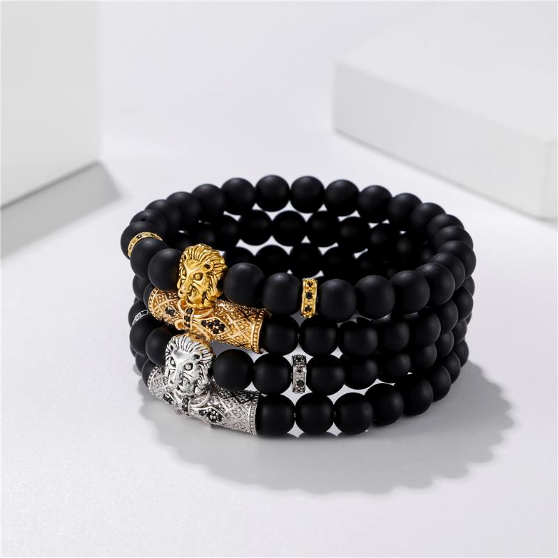 

Charm Bracelets 2021 2pcs/set CZ King Lion Bracelet Men Braclet Black Matte Stone Bead For Mens Hand Jewelry