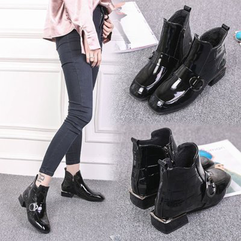

Women's Ankle Boots Female Buckle Sewing Woman PU Leather Zip Fashion Women Square Heels Ladies Casual Shoes Plus Size 2020, Black