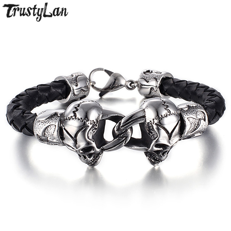 

TrustyLan New Punk Rock Skull Mens Bracelets & Bangles Jewelry Genuine Leather & Stainless Steel Men Wrap Bracelet Dropshipping