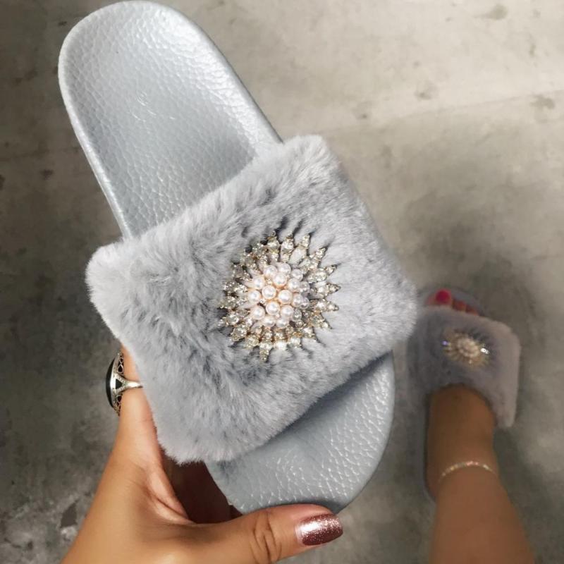 

Crystal flower beading fur slippers soft bottom comfy women shoes solid plush furry slides outwear femme brief simple flip flops, Black