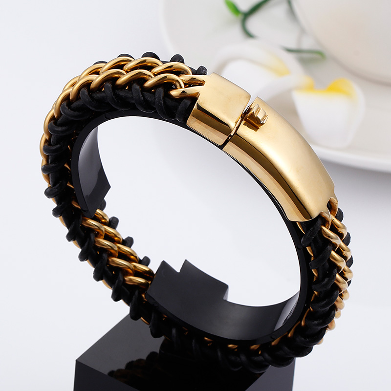 

Fate Love New Fashion Jewelry Stainless Steel Mens Gold Chain Bracelet Rope Genuine Leather Bracelets 18mm 8.66" holiday gifts
