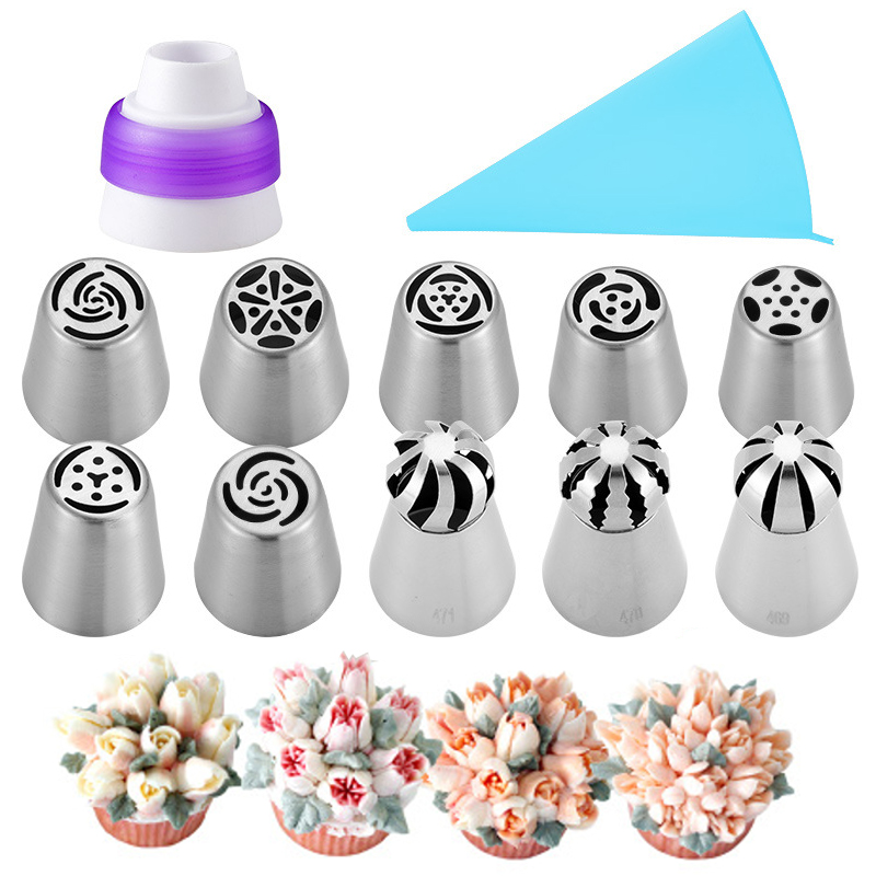 

10PCS Russian Icing Piping Nozzles Tips Pastry Cream Nozzles Cupcake Decorating Tips Set Confectionery Equipment With Pastry Bag