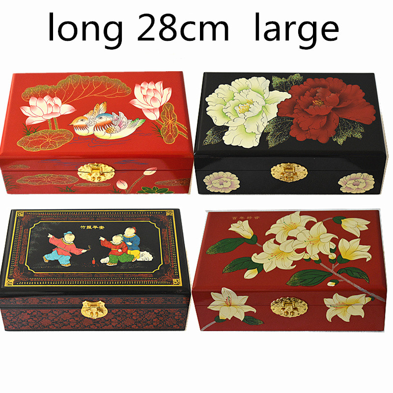 2 layer Lacquerware Chinese Wooden Box with lock Large Vintage Decoration Storage Pull Box for Jewelry Makeup Case Wedding Birthday Gift-image-586841195