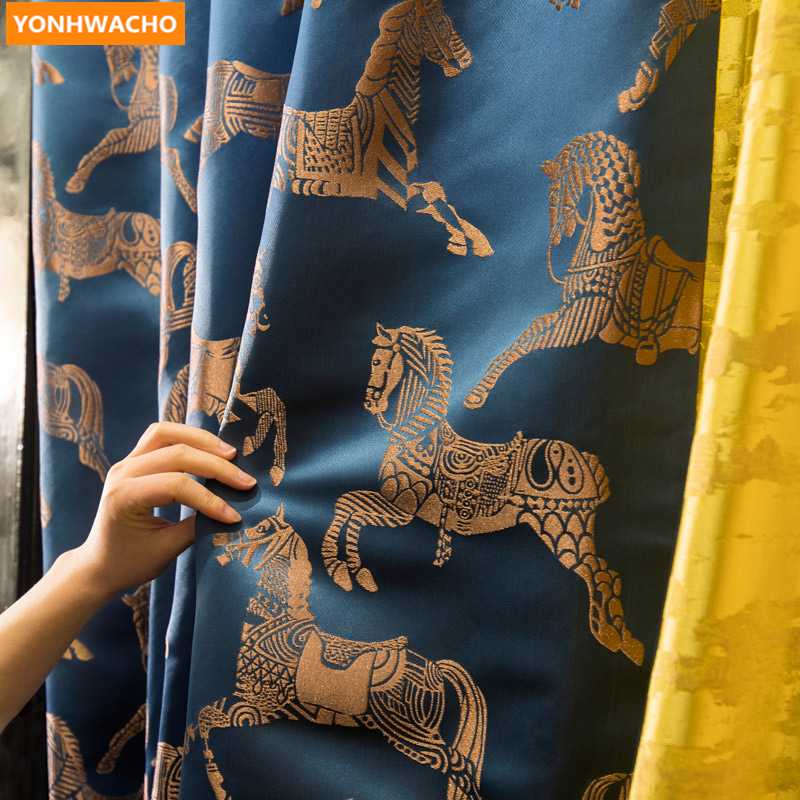 

Custom curtains retro Chinese living room bedroom bay window blue Jacquard cloth blackout curtain tulle drape B074, Tulle sheer