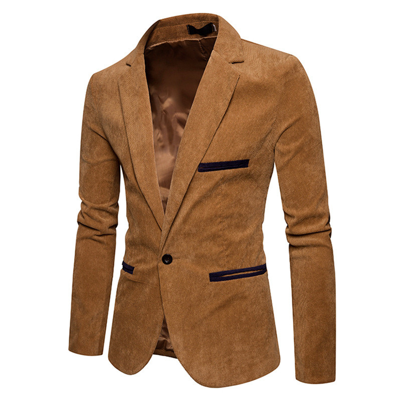 

2020 Spring and Autumn plus size new men's suit jacket solid color slim fit single button suit casual fashion corduroy jacket 1A, Khaki