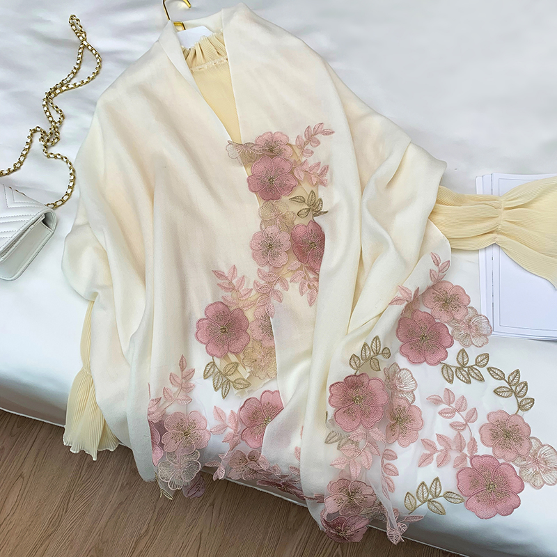

Women 100% Natural Wool Scarves for Wedding 2020 Embroidery Scarf Wool Shawls and Wraps Ladies Winter Pure Scarfs
