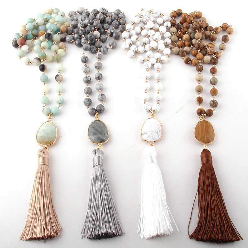 

Fashion Jewelry Natural Stone Rosary Chain Stone Link Long Tassel Necklaces Women Ethnic Necklace